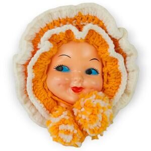 Vintage kitchen plastic doll face orange gold white towel holder grandmacore